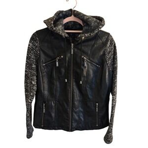 J2 Womens Large Black Faux Leather Mixed Media Hooded Jacket Knit Sleeves